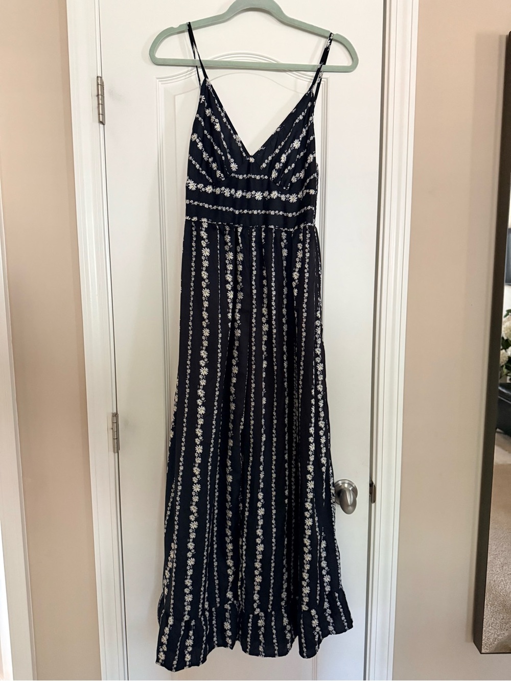 SHEIN Navy and White Floral-Stripe Jumpsuit Romper with V-Neck